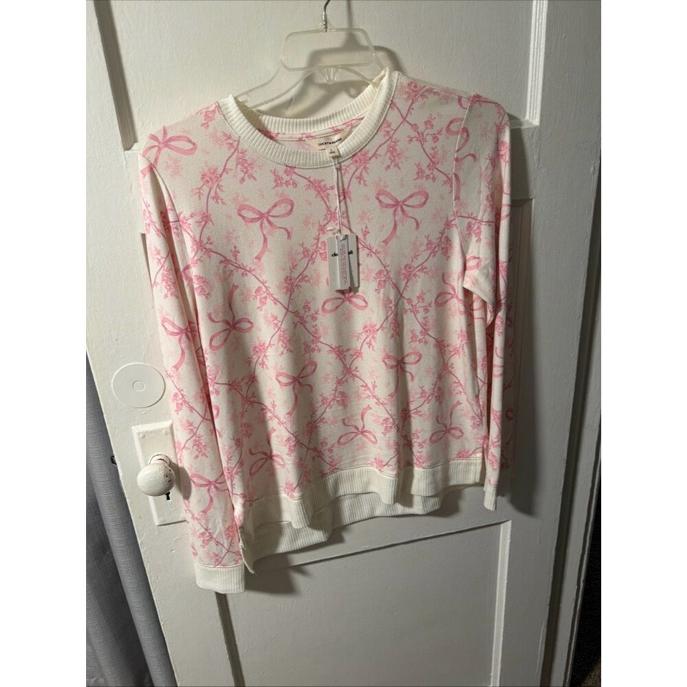 NWT Lucky Women’s Pink Bow Crew Neck Sweater Sz L Cottagecore Cozy  Whimsical